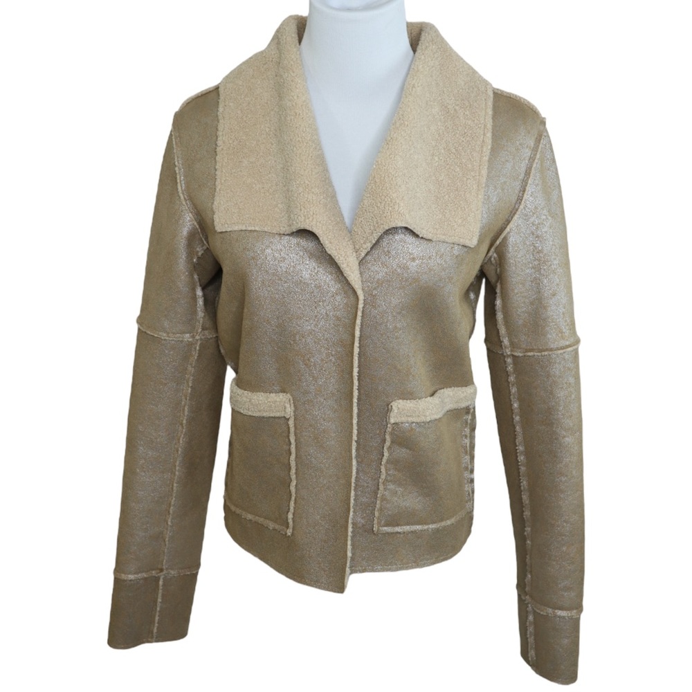 Women's Jacket Gold Tone with Faux Wool Interior, Button Closure Size Small